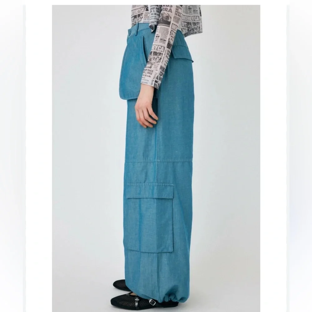 MOUSSY Out Pocket Bag Blue Cargo Pants Cotton Linen Elastic‎ Waist Stacking SZ 1 - Picture 12 of 16